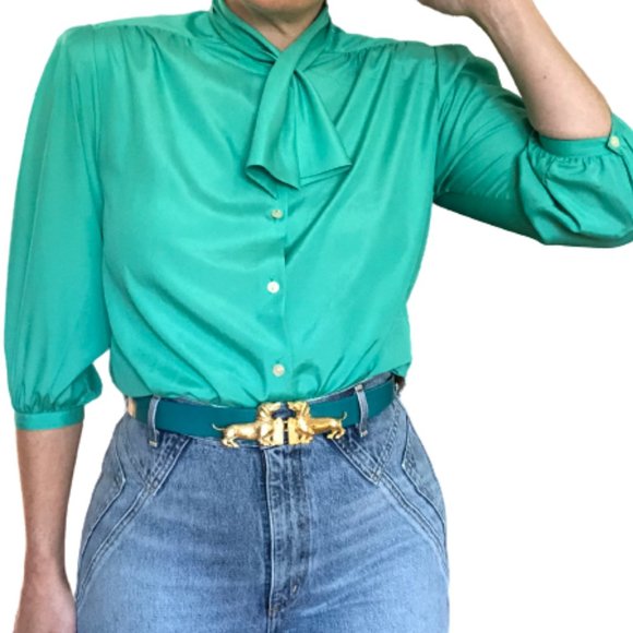 Vintage Turquoise Green PussyBow Blouse Chaus - Picture 6 of 16